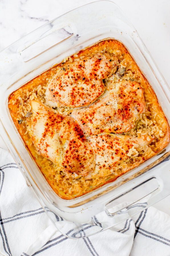 Baked chicken rice pilar in a pan.