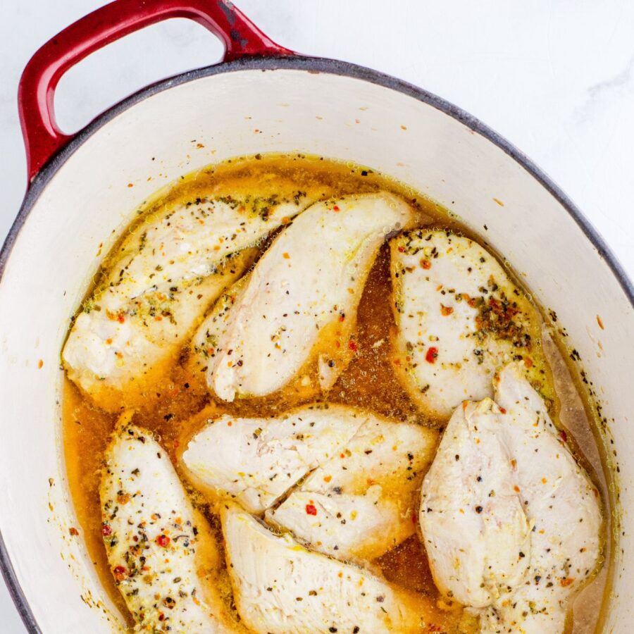 Cooked chicken Breasts in dutch oven