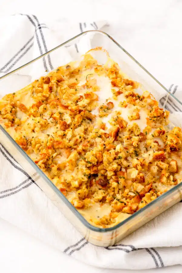 a cooked pan of swiss chicken casserole