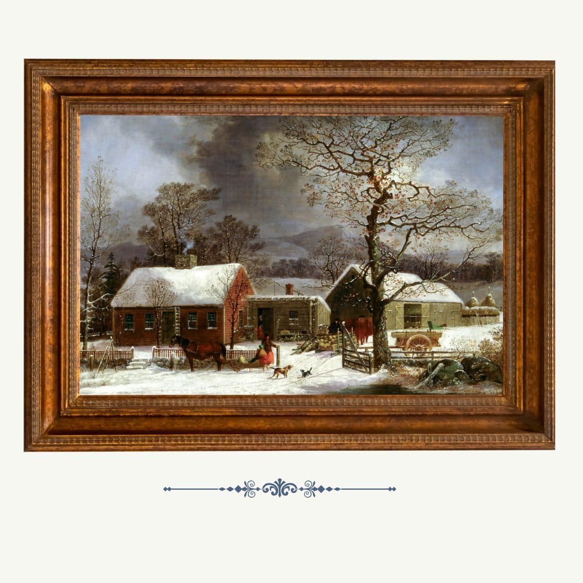 Vintage landscape art with red barn in Winter in a frame