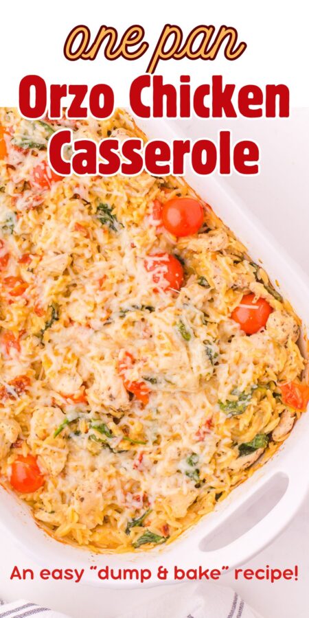 A pan of orzo chicken casserole.