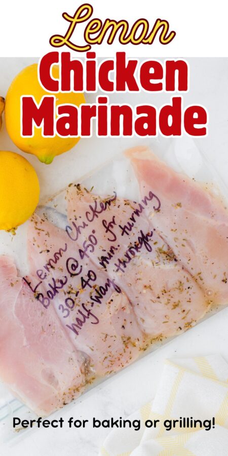 Chicken breasts in a ziptop freezer bag with lemon chicken marinade on in.