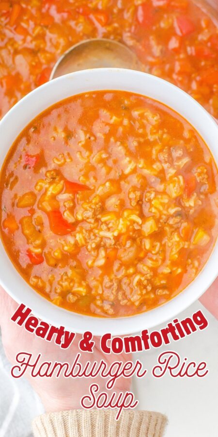 a woman holding a bowl of hamburger rice soup