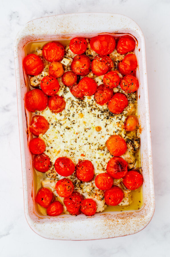 feta chicken pasta after it has been baked