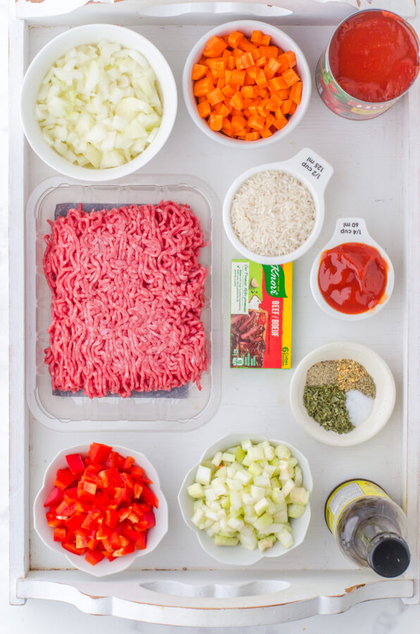 Ingredients needed for hamburger rice soup.