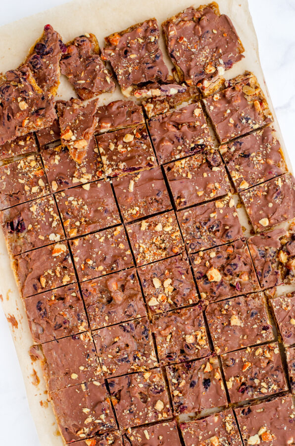 Graham cracker toffee bars cooled and cut on a piece of parchment paper