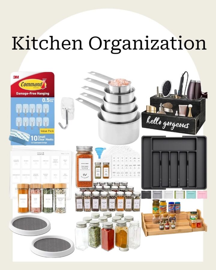 A collage of kitchen organization items that help maximize the space in small kitchens.
