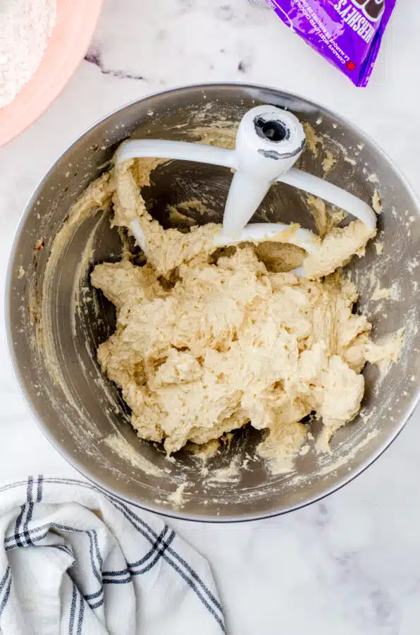 Butter, sugars, eggs, and vanilla mixed together in electric mixer bowl for oatmeal chocolate chip cookies