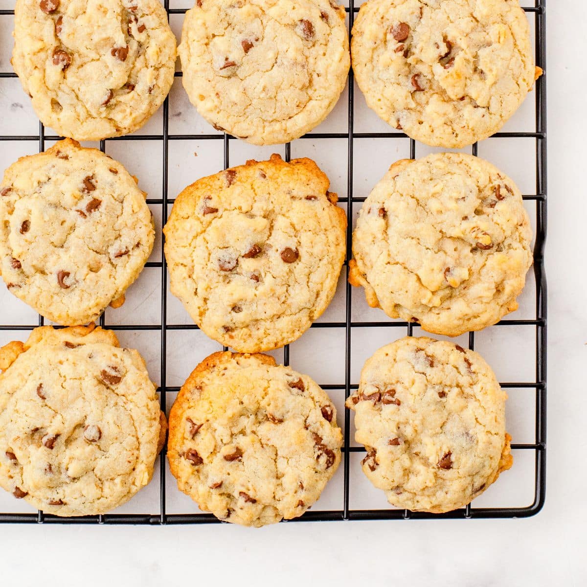 oatmeal chocolate chip cookies cooling on a wire rack
