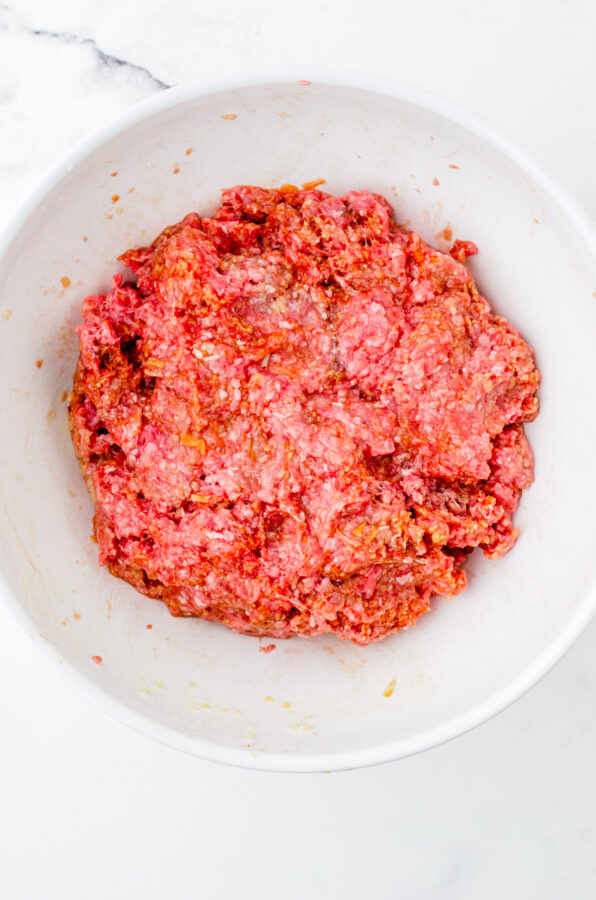 Lipton Onion Meatloaf ingredients all mixed together in a large mixing bowl.