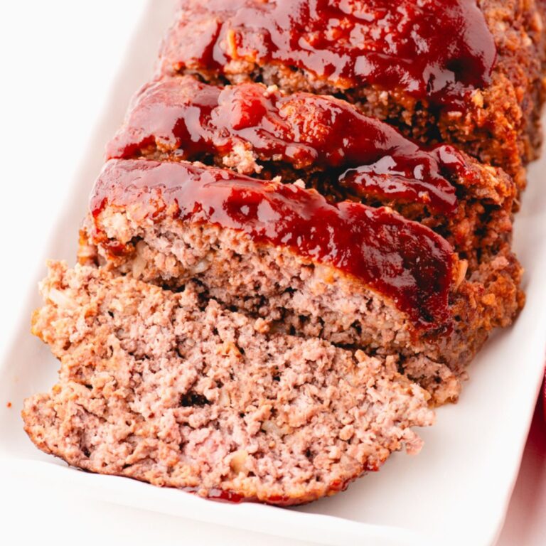 sliced lipton onion meatloaf on a platter