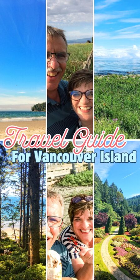 A collage of places to visit on Vancouver Island - including China Beach, Parksville Community Part, Campbell River Seawalk, and Butchart Gardens.
