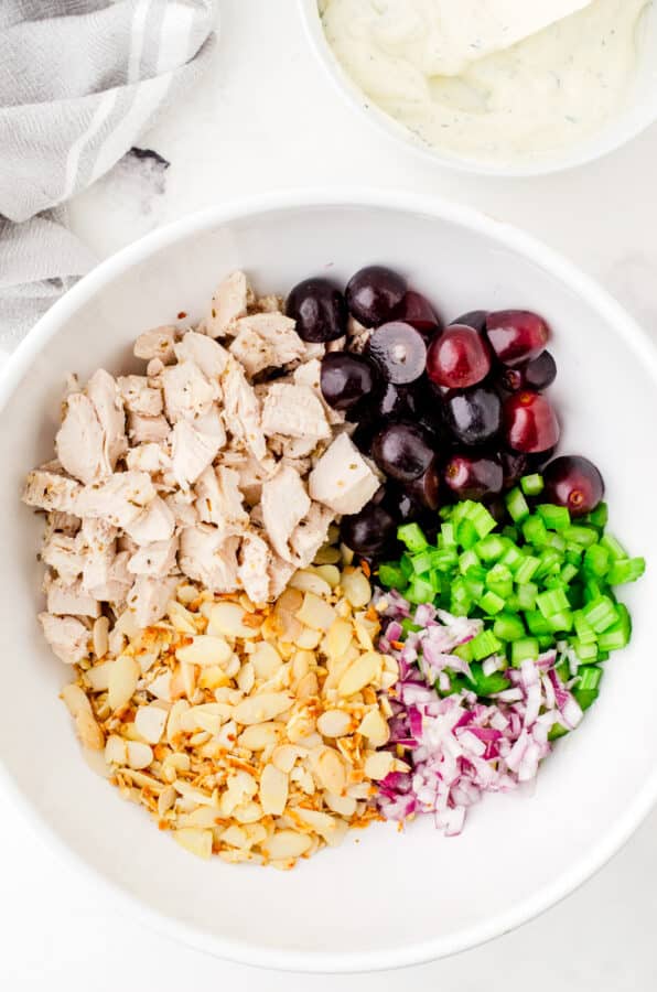 Chicken salad ingredients in a bowl