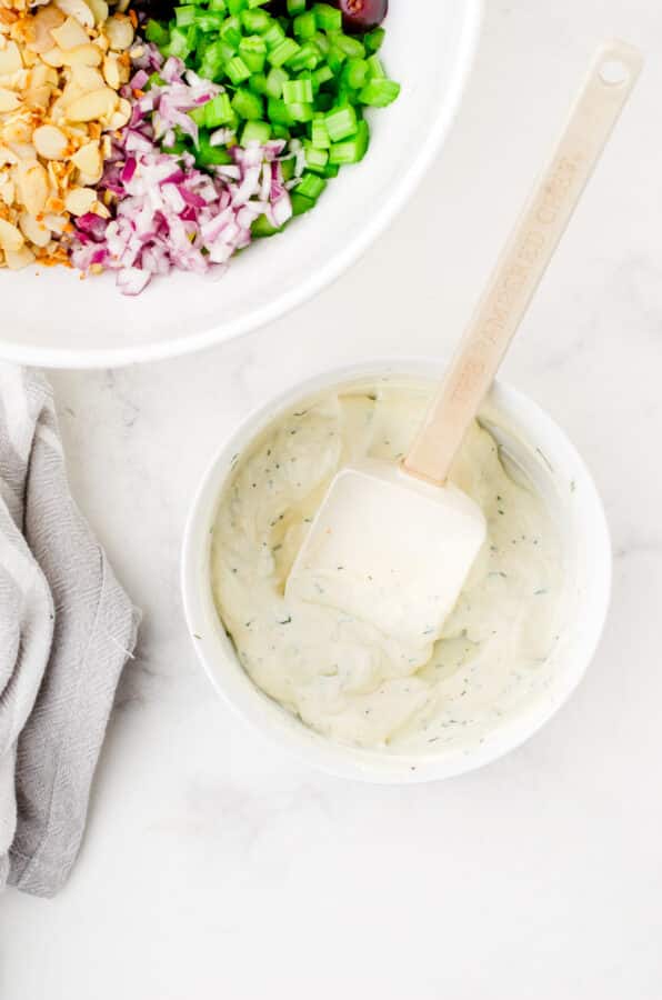 Chicken salad dressing mixed together in a bowl
