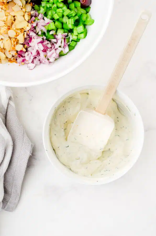 Chicken salad dressing mixed together in a bowl