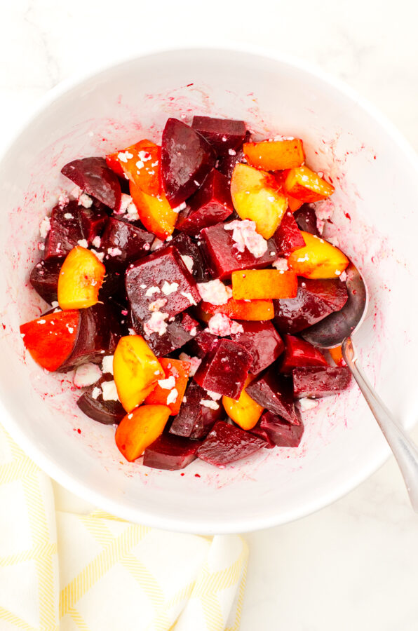 Bowl of beet & peach salad.