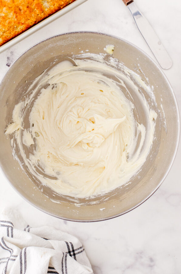 Cream cheese icing in a mixing bowl.