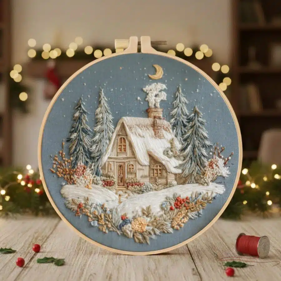 An embroidery design with a cottage and trees perfect for winter or christmas.