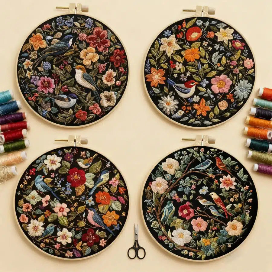 embroidery designs of birds and flowers stitched on black fabric.