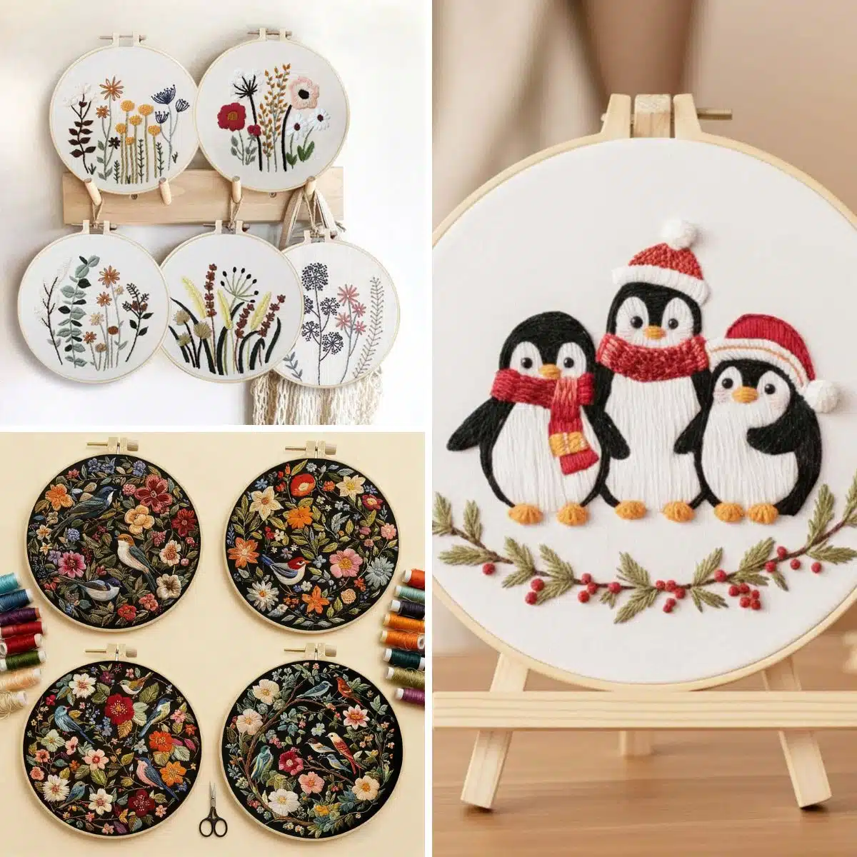 A collage of 3 embroidery kits