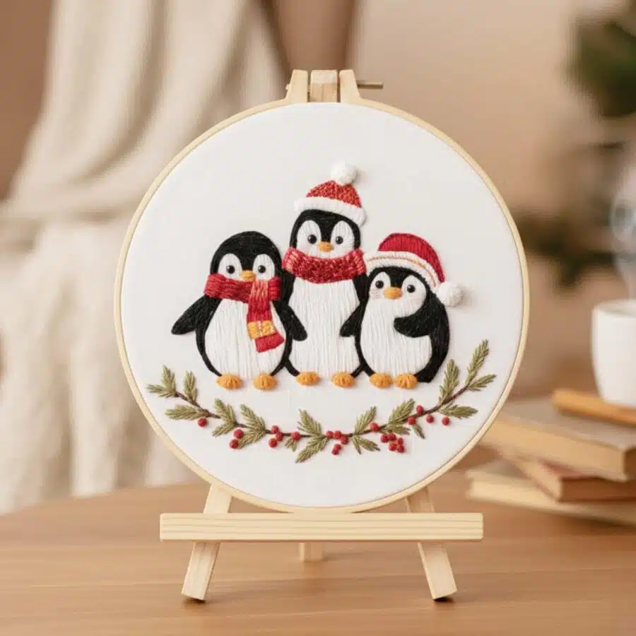 An embroidery piece featuring 3 penguins