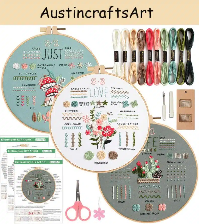 a set of three embroidery samplers with everything that is included in the kit