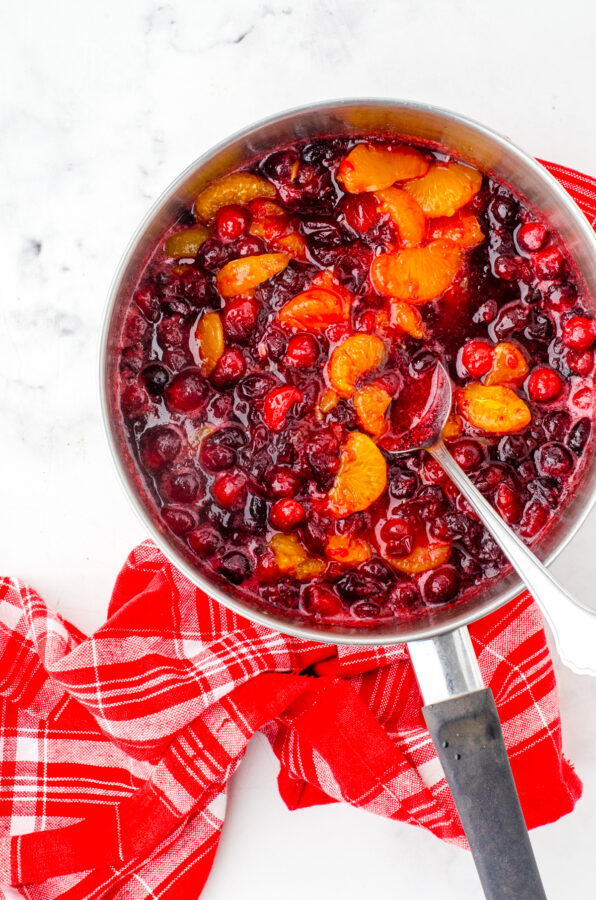 Fully cooked cranberry sauce with mandarin oranges.