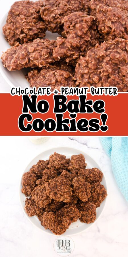 collage of no bake cookies with peanut butter, oats, and chocolate