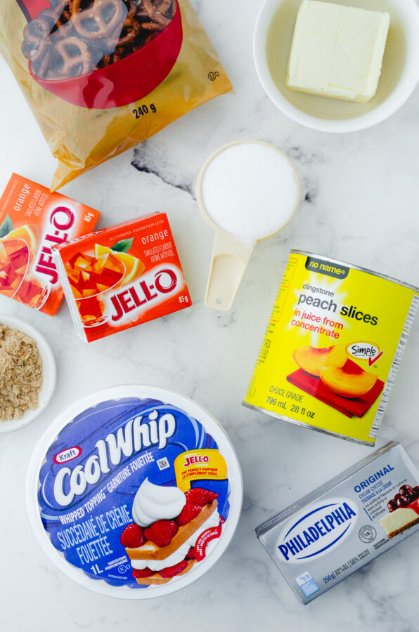 Ingredients you'll need for peach pretzel salad.
