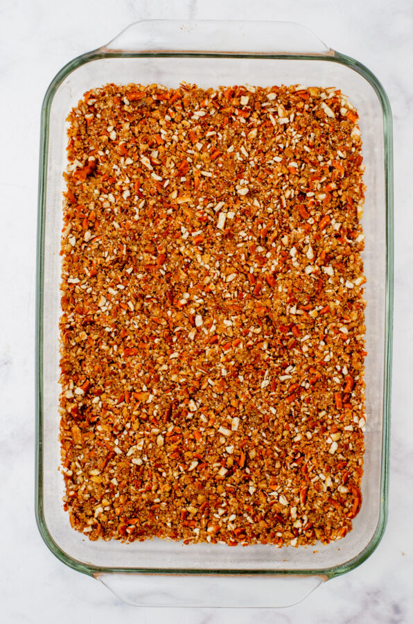 Pretzel crust for peach pretzel salad.