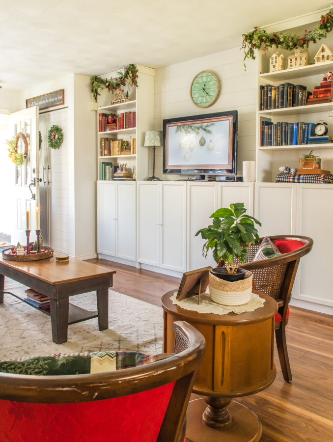 billy bookcases decorated for Christmas