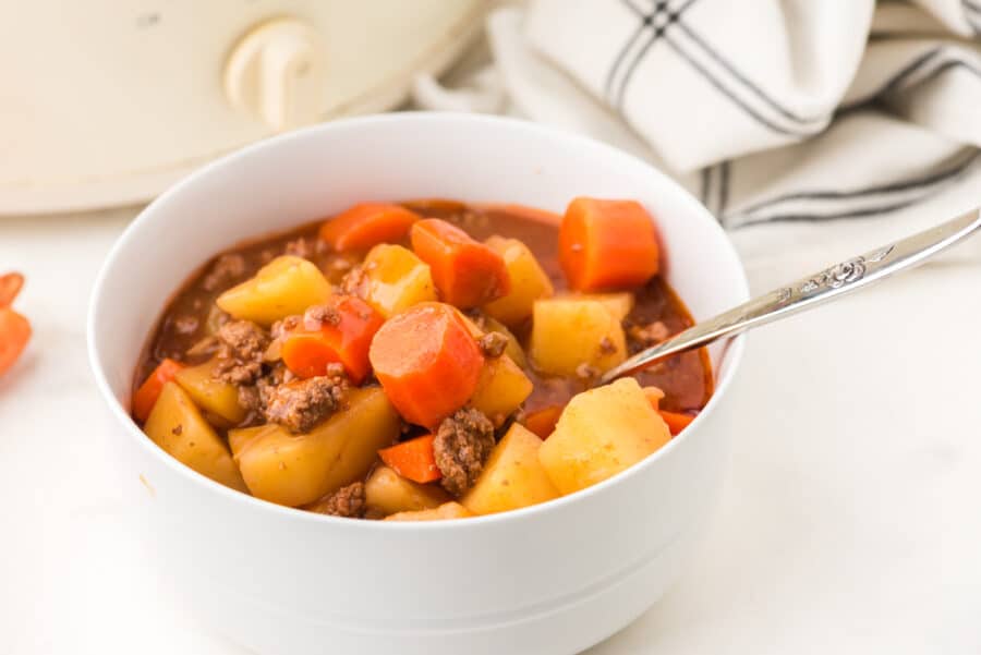a bowl of hamburger stew served up and ready to eat.