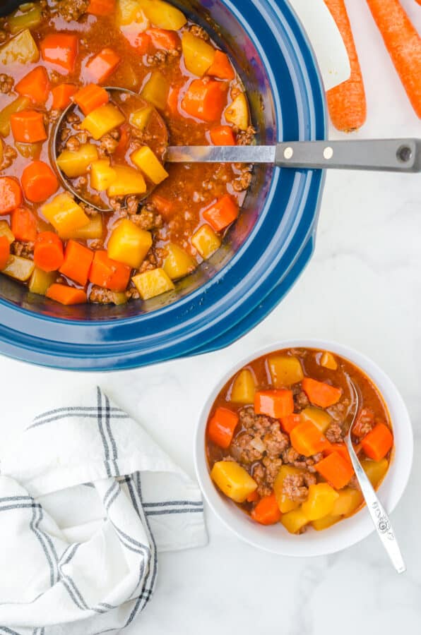 A crock pot full of hamburger stew with a bowl full of it served with a spoon in it.
