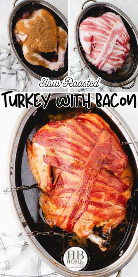 A collage of roast turkey with crispy bacon on the top